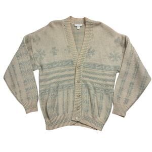 Vintage Cardigan Mens XL Cream Nordic Button Front Wool Blend Sweater Reunion